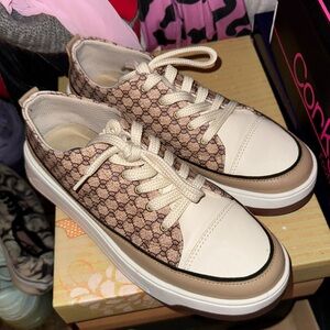 Brown and tan sneakers